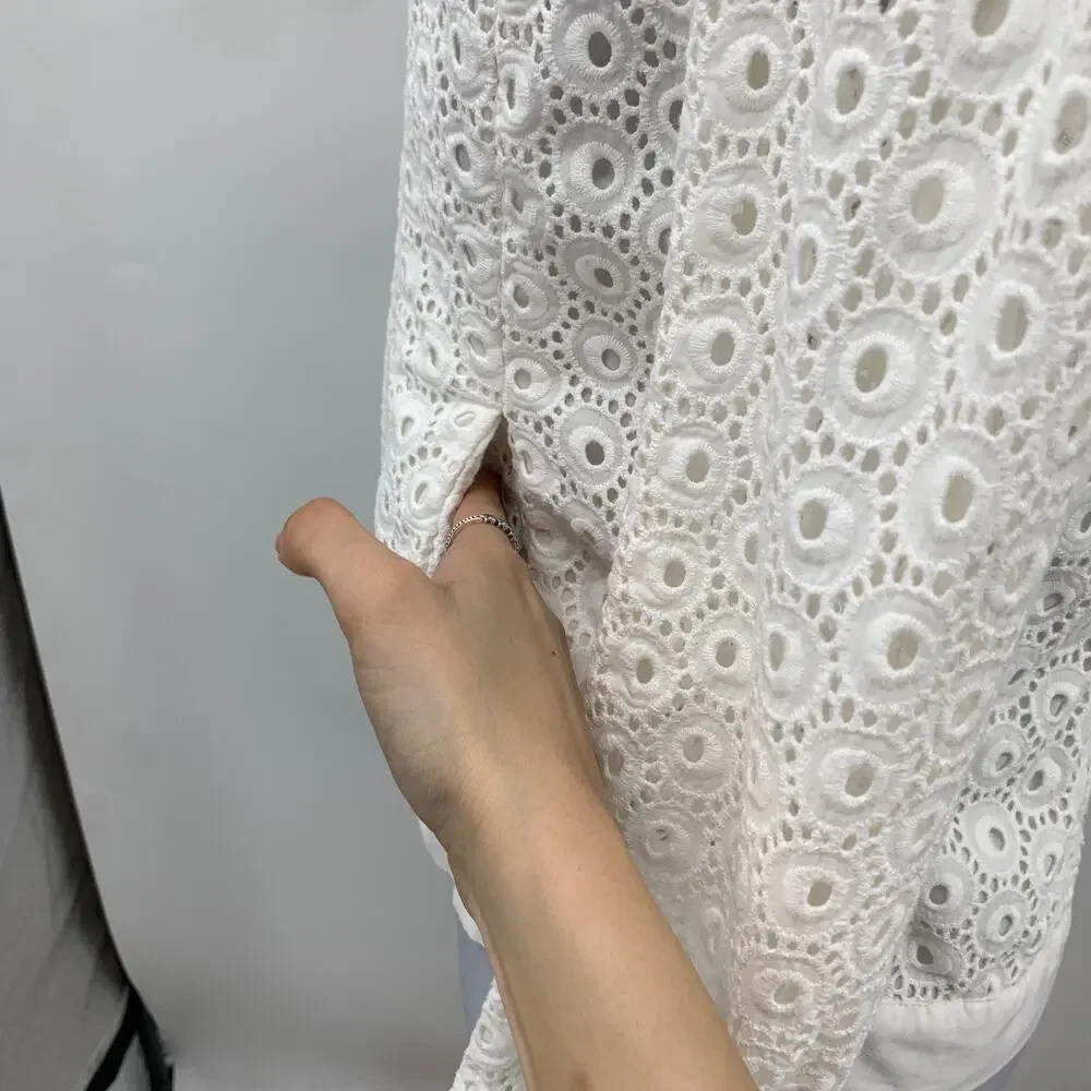 Anne Fontaine Jacket Womens 36 White Ugoline Casual Eyelet Overlay Full Zip Crop